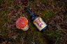 Bottle of functional mushroom tincture next to a red Amanita mushroom on a mossy ground